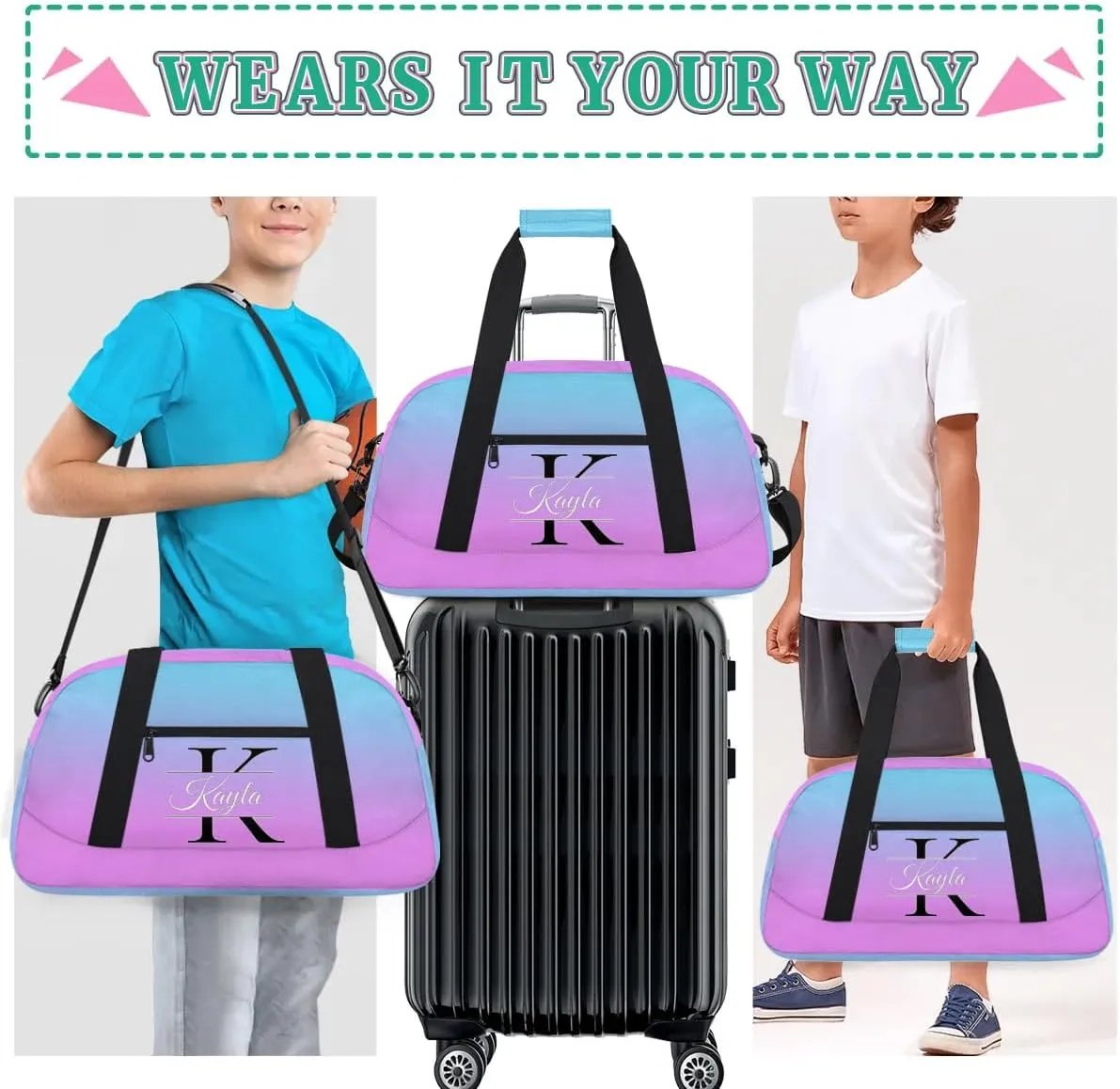 Custom Travel Duffle Bag, Initial Duffel Bag Weekender Overnight Bag, Large Capacity Carry On Tote for Gym, Travel, Work, and Sports, Blue Pink