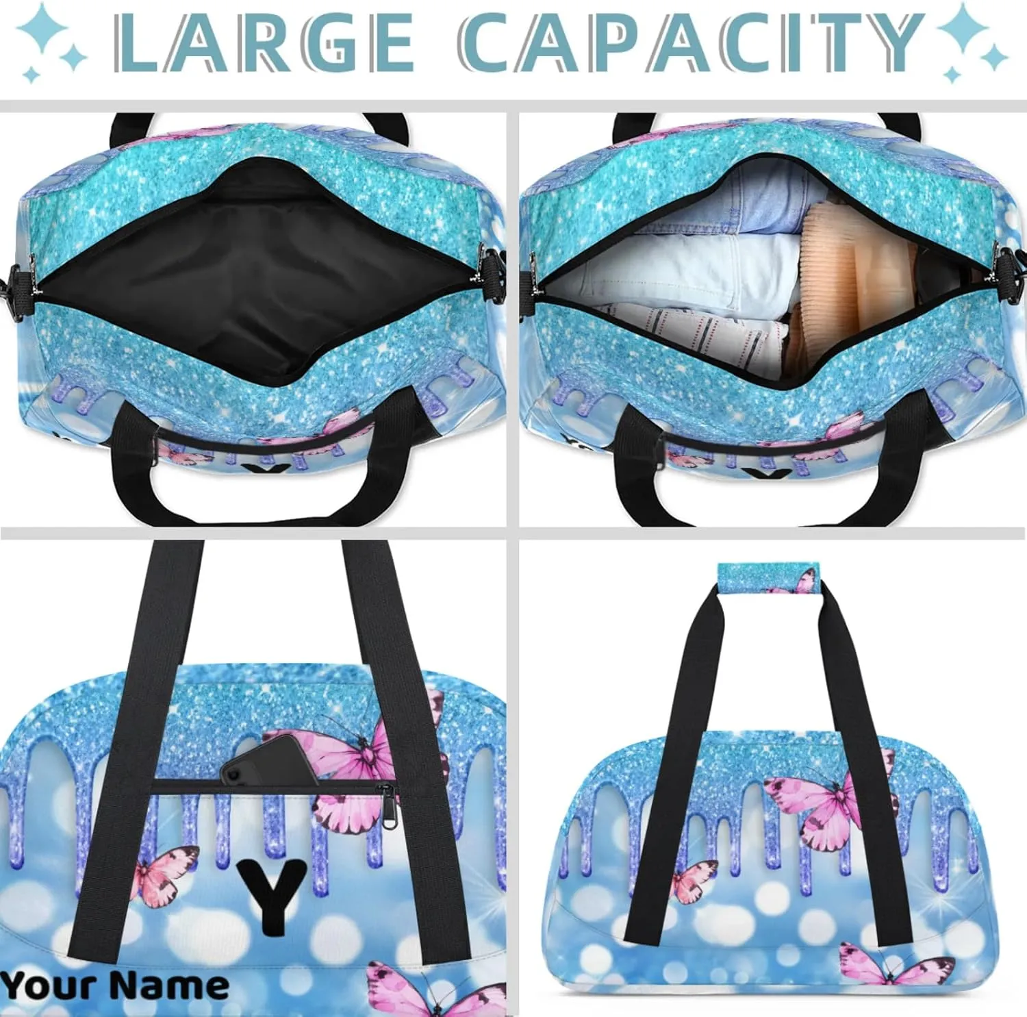 Custom Travel Gym Duffel Bag for Women Men Personalized Weekender Bag Carry On Tote Overnight Bag for Dance Sport Light Blue