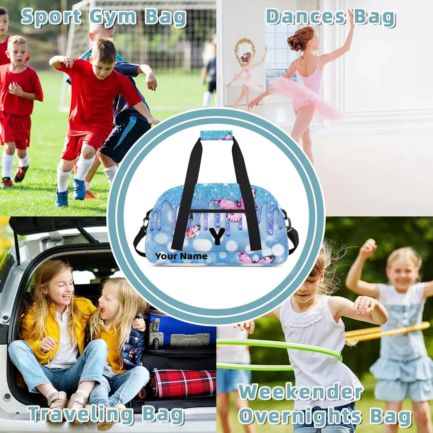 Custom Travel Gym Duffel Bag for Women Men Personalized Weekender Bag Carry On Tote Overnight Bag for Dance Sport Light Blue