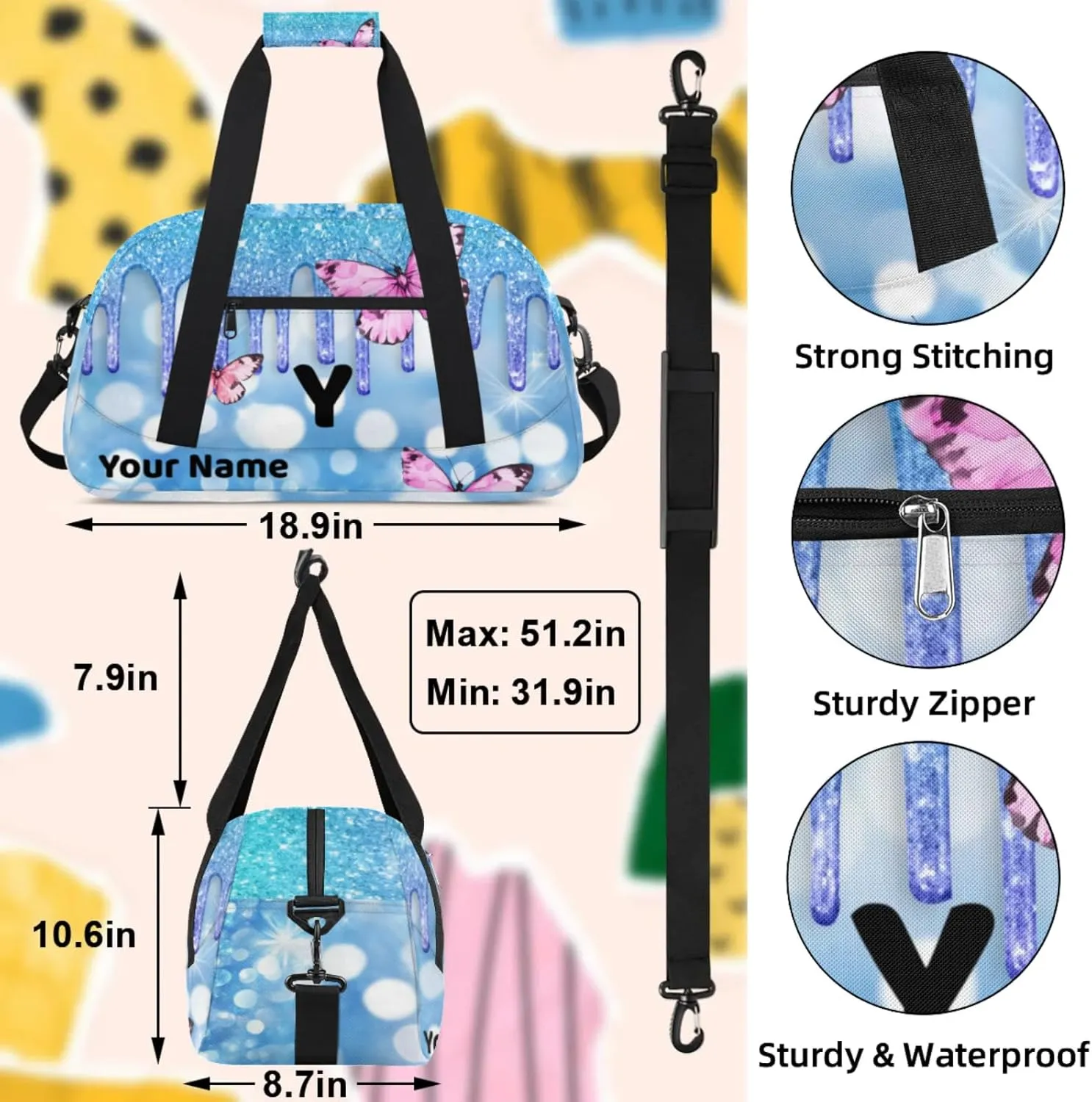 Custom Travel Gym Duffel Bag for Women Men Personalized Weekender Bag Carry On Tote Overnight Bag for Dance Sport Light Blue