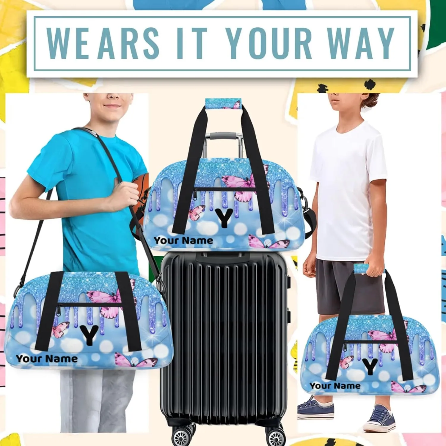 Custom Travel Gym Duffel Bag for Women Men Personalized Weekender Bag Carry On Tote Overnight Bag for Dance Sport Light Blue