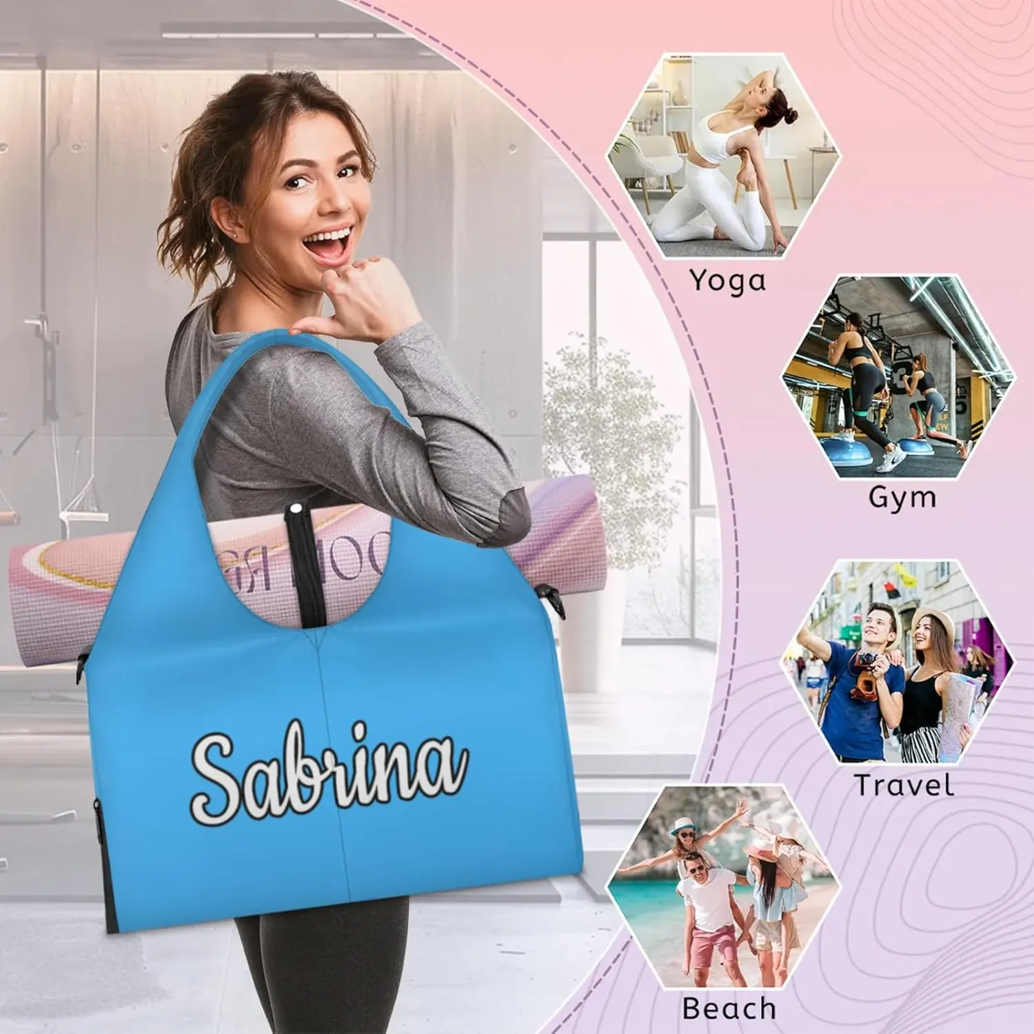 Custom Yoga Mat Gym Bag Tote Bag for Women Travel Workout Personalized Name Pilates Duffle Bag