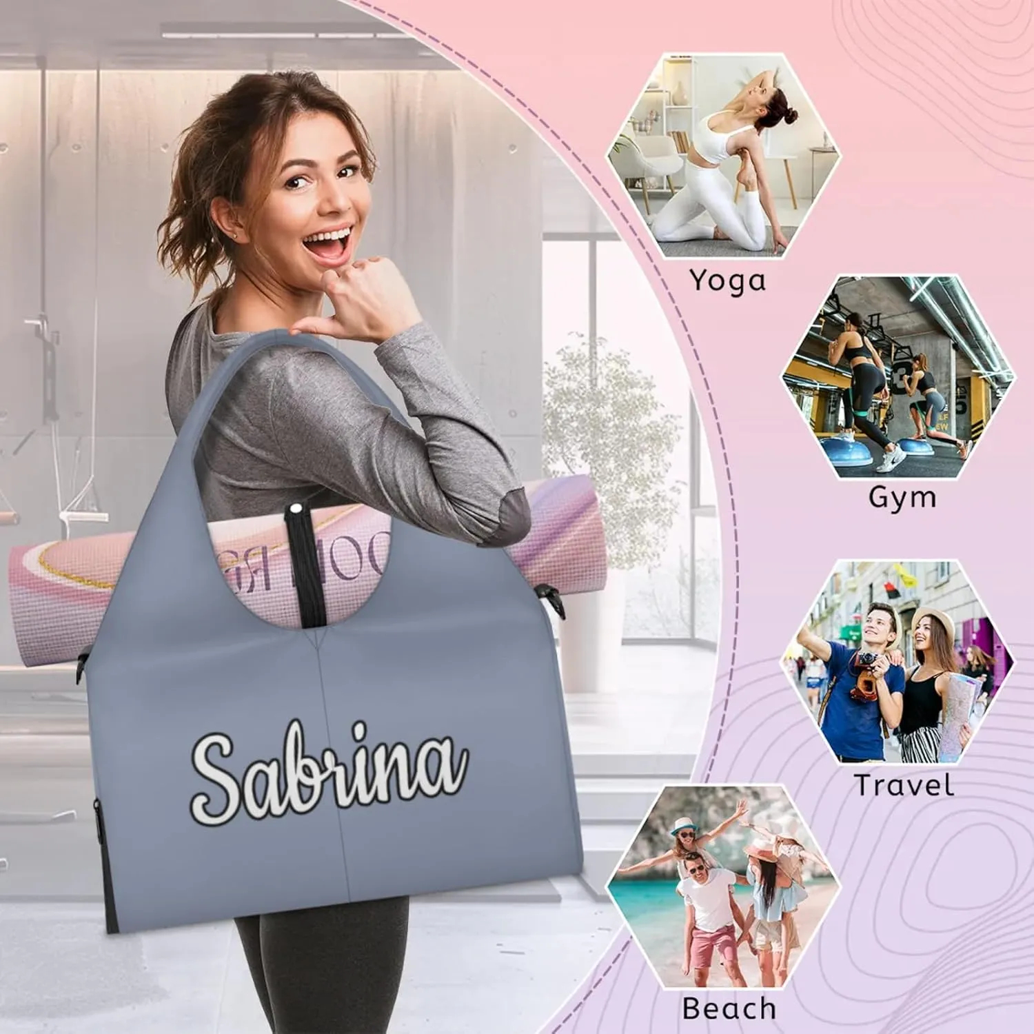 Custom Yoga Mat Gym Bag Tote Bag for Women Travel Workout Personalized Name Pilates Duffle Bag