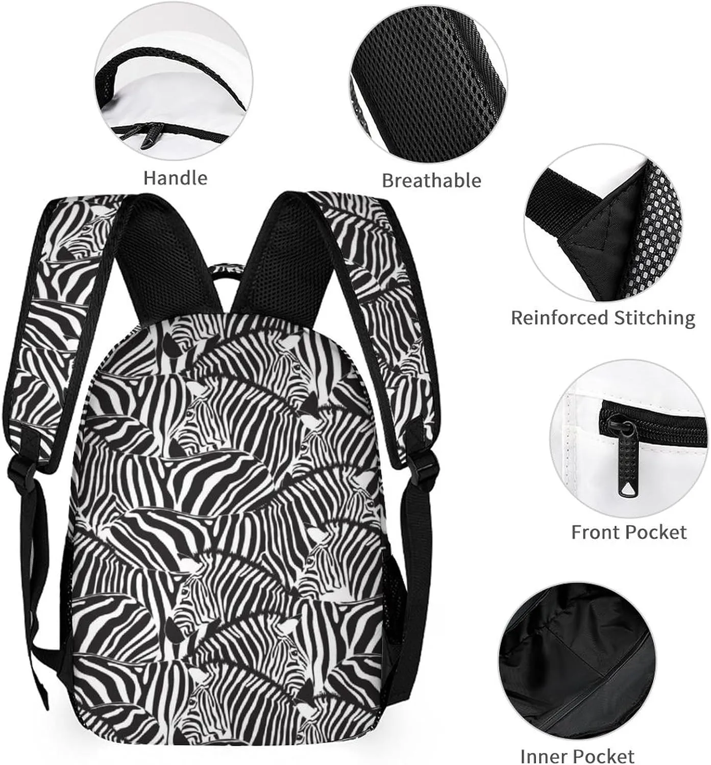 Custom Zebra Backpack with Lunch Box & Pencil Case, 16 Inch Cute Zebras Themed Bookbag, Adjustable Lightweight Large Capacity, Colorful Daily Casual Backpacks Set with Lunch Bag