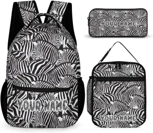 Custom Zebra Backpack with Lunch Box & Pencil Case, 16 Inch Cute Zebras Themed Bookbag, Adjustable Lightweight Large Capacity, Colorful Daily Casual Backpacks Set with Lunch Bag
