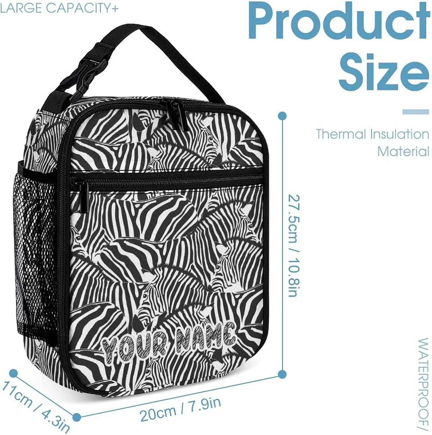 Custom Zebra Backpack with Lunch Box & Pencil Case, 16 Inch Cute Zebras Themed Bookbag, Adjustable Lightweight Large Capacity, Colorful Daily Casual Backpacks Set with Lunch Bag