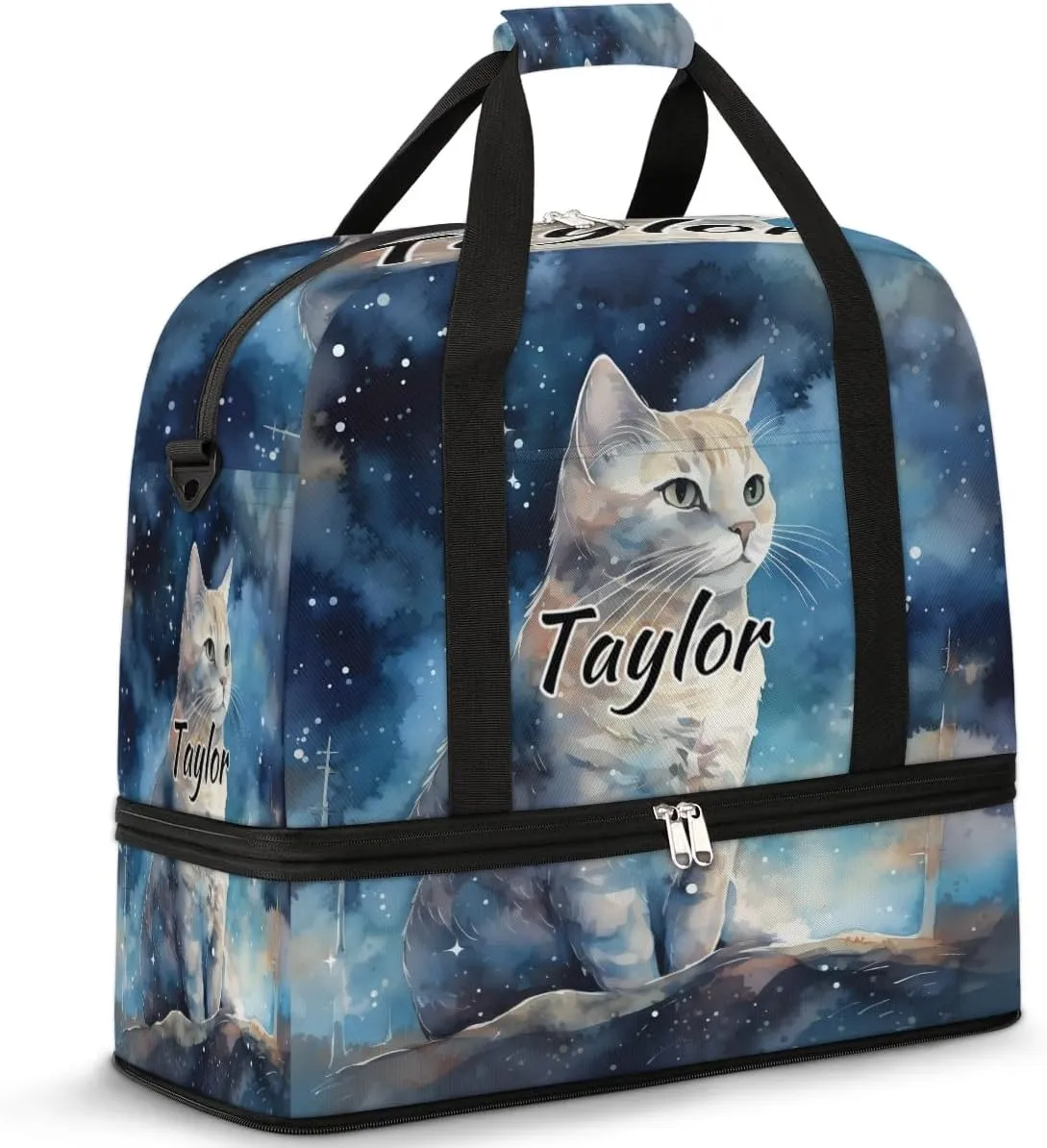Customized Gym Bag for Women, Personalized Cat Travel Duffel Bag with Name, Cat Pattern Weekender Overnight Bag with Shoes Compartment for Men Travel Yoga