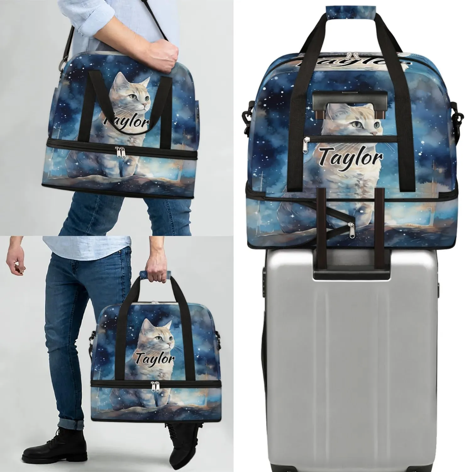 Customized Gym Bag for Women, Personalized Cat Travel Duffel Bag with Name, Cat Pattern Weekender Overnight Bag with Shoes Compartment for Men Travel Yoga