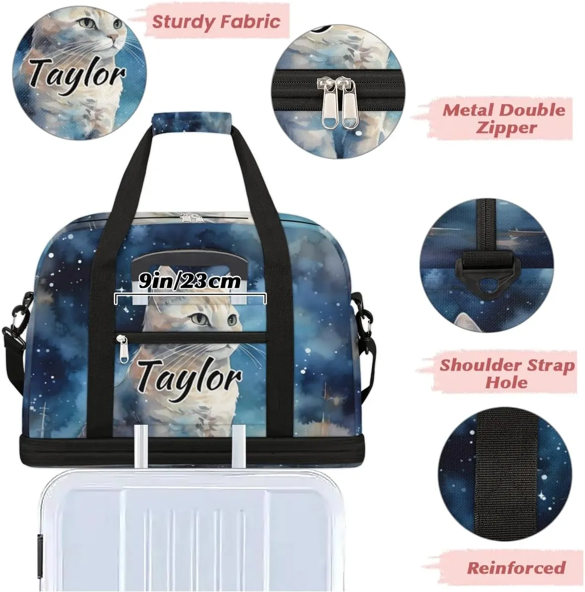Customized Gym Bag for Women, Personalized Cat Travel Duffel Bag with Name, Cat Pattern Weekender Overnight Bag with Shoes Compartment for Men Travel Yoga