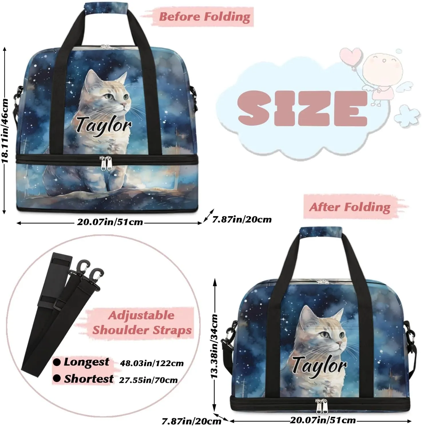 Customized Gym Bag for Women, Personalized Cat Travel Duffel Bag with Name, Cat Pattern Weekender Overnight Bag with Shoes Compartment for Men Travel Yoga