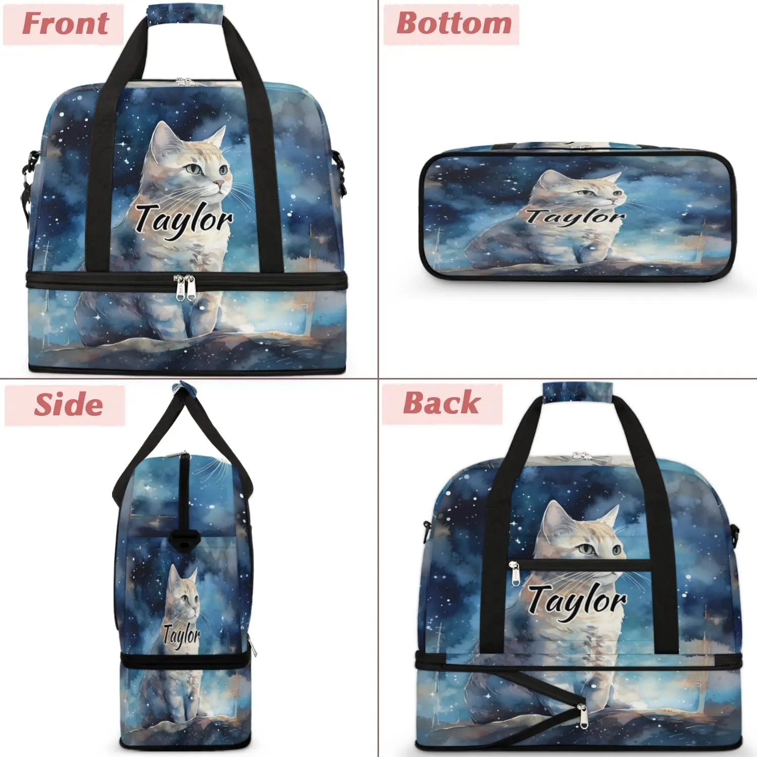 Customized Gym Bag for Women, Personalized Cat Travel Duffel Bag with Name, Cat Pattern Weekender Overnight Bag with Shoes Compartment for Men Travel Yoga