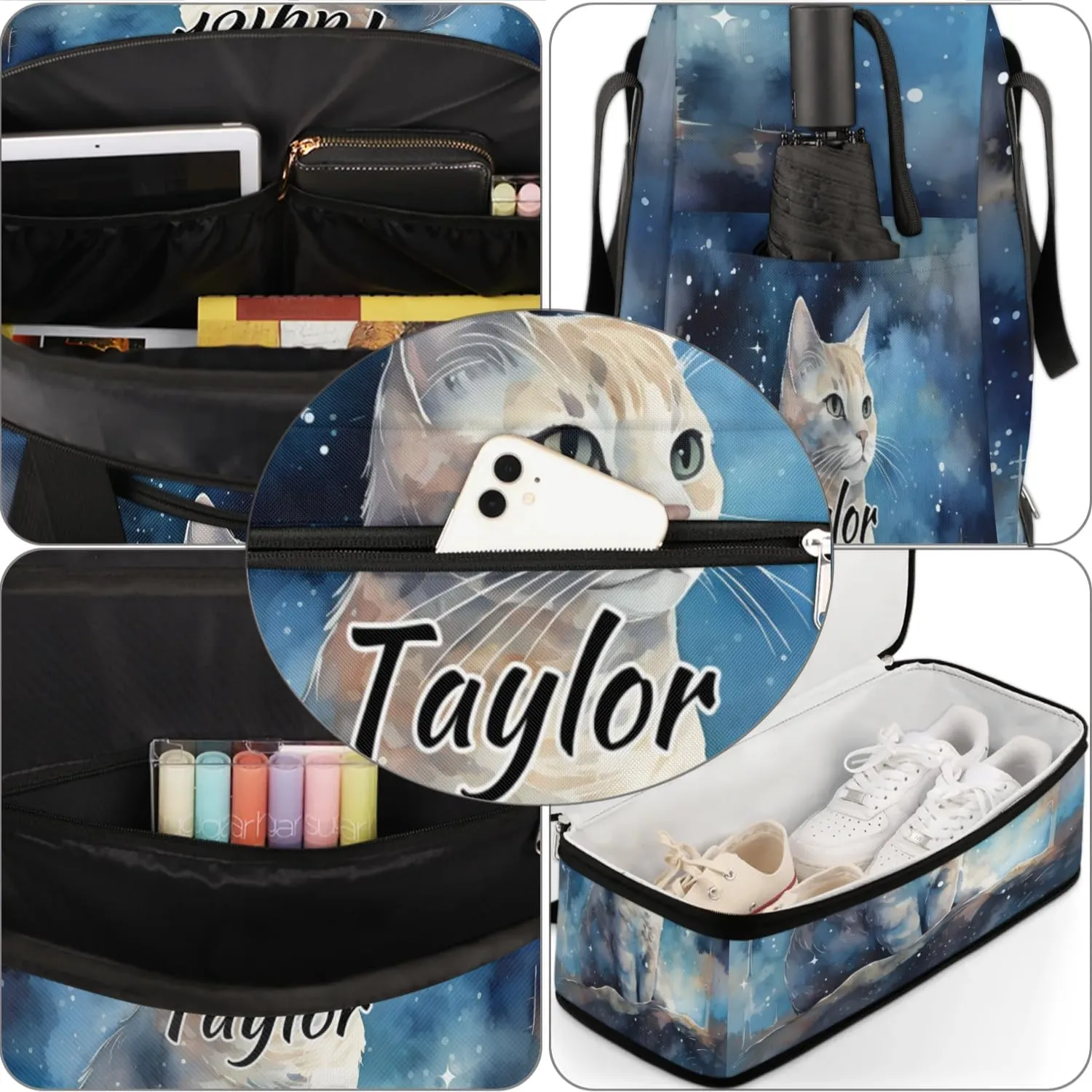 Customized Gym Bag for Women, Personalized Cat Travel Duffel Bag with Name, Cat Pattern Weekender Overnight Bag with Shoes Compartment for Men Travel Yoga