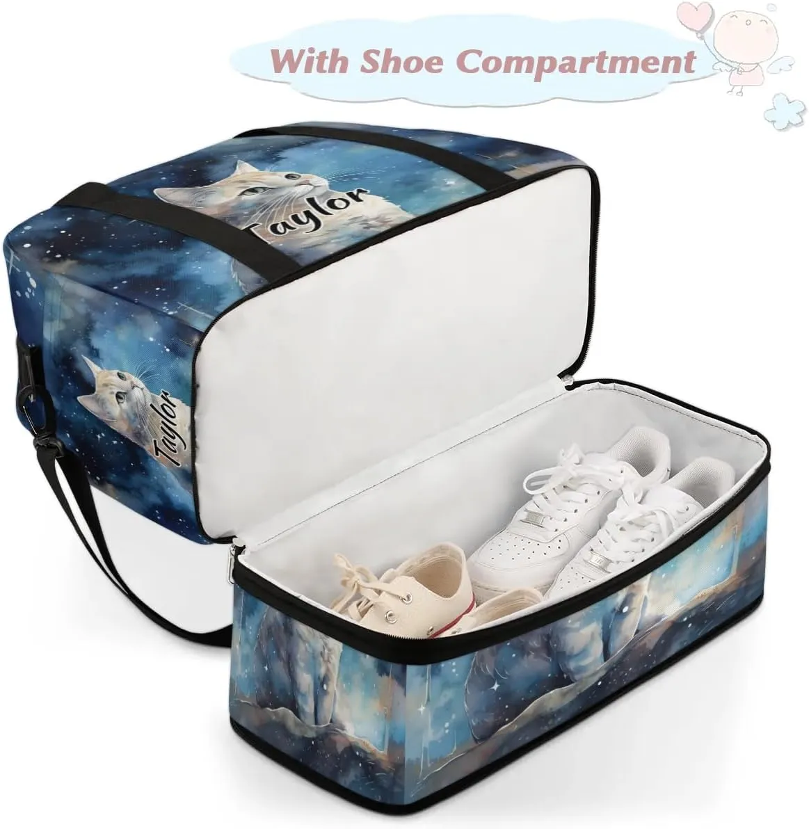 Customized Gym Bag for Women, Personalized Cat Travel Duffel Bag with Name, Cat Pattern Weekender Overnight Bag with Shoes Compartment for Men Travel Yoga
