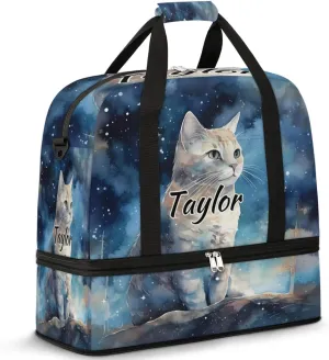 Customized Gym Bag for Women, Personalized Cat Travel Duffel Bag with Name, Cat Pattern Weekender Overnight Bag with Shoes Compartment for Men Travel Yoga