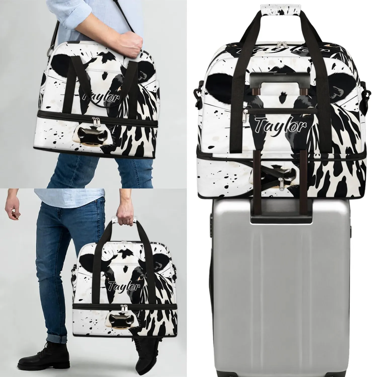 Customized Gym Bag for Women, Personalized Cow Pattern Travel Duffel Bag with Name, Animal Weekender Overnight Bag with Shoes Compartment for Men Travel Yoga