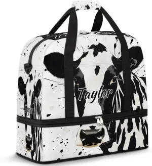 Customized Gym Bag for Women, Personalized Cow Pattern Travel Duffel Bag with Name, Animal Weekender Overnight Bag with Shoes Compartment for Men Travel Yoga