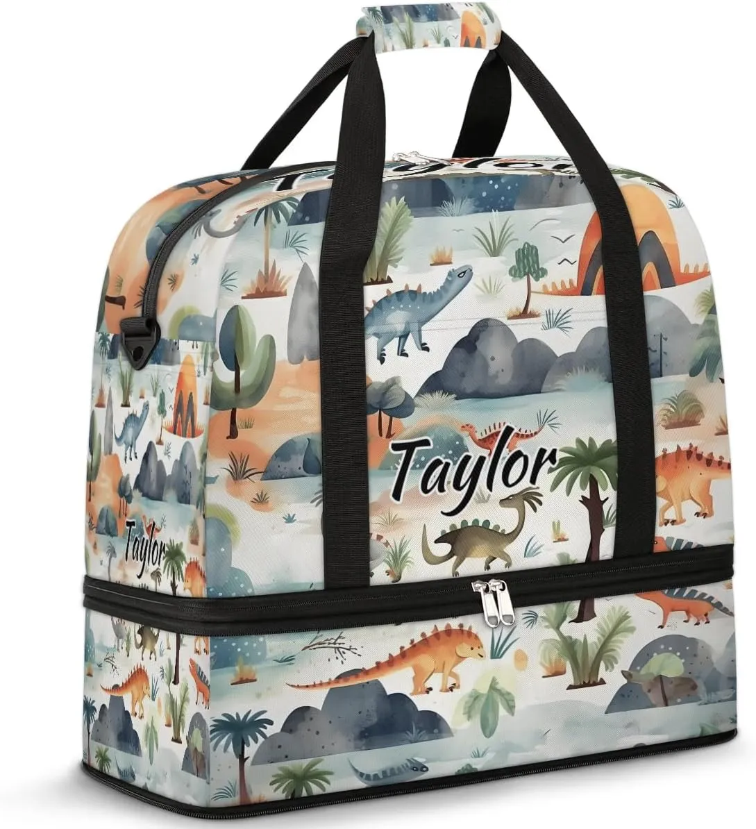 Customized Gym Bag for Women, Personalized Cute Travel Duffel Bag with Name, Dinosaur Weekender Overnight Bag with Shoes Compartment for Men Travel Yoga