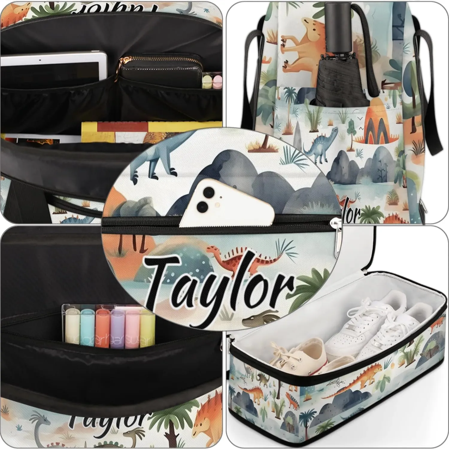 Customized Gym Bag for Women, Personalized Cute Travel Duffel Bag with Name, Dinosaur Weekender Overnight Bag with Shoes Compartment for Men Travel Yoga