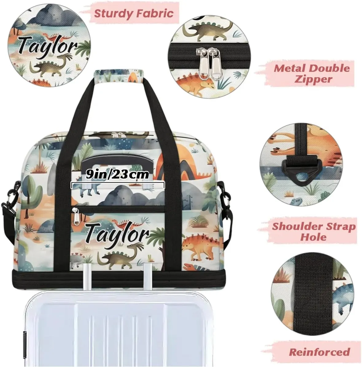 Customized Gym Bag for Women, Personalized Cute Travel Duffel Bag with Name, Dinosaur Weekender Overnight Bag with Shoes Compartment for Men Travel Yoga