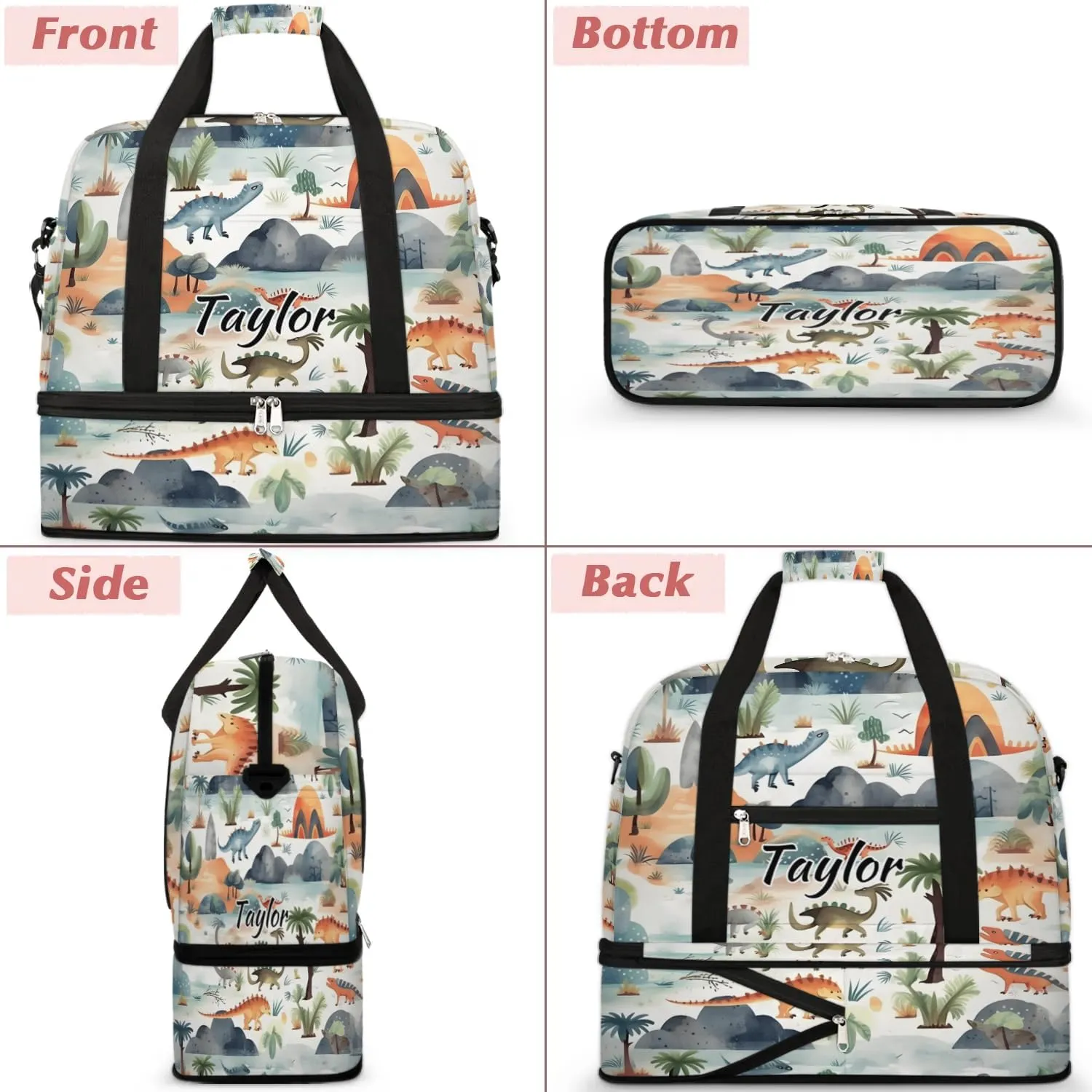 Customized Gym Bag for Women, Personalized Cute Travel Duffel Bag with Name, Dinosaur Weekender Overnight Bag with Shoes Compartment for Men Travel Yoga
