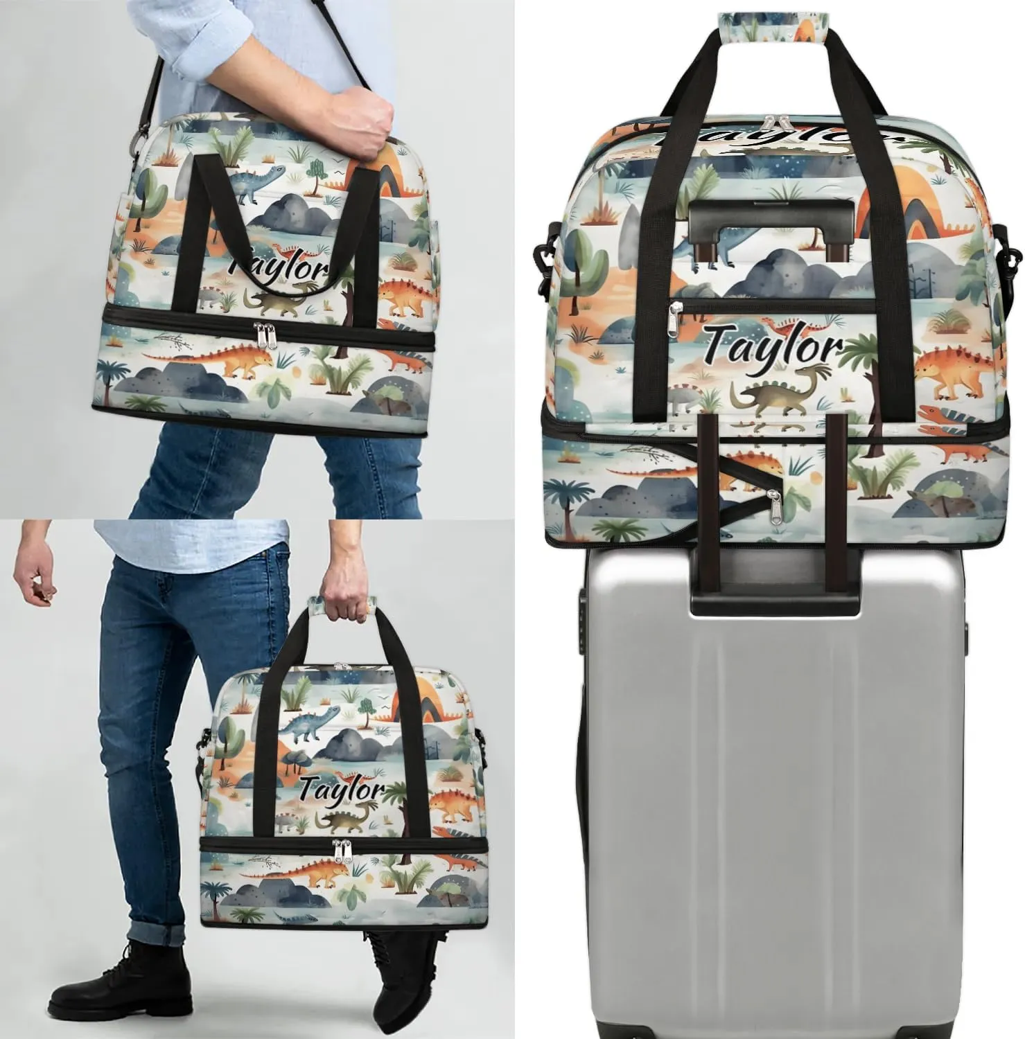 Customized Gym Bag for Women, Personalized Cute Travel Duffel Bag with Name, Dinosaur Weekender Overnight Bag with Shoes Compartment for Men Travel Yoga