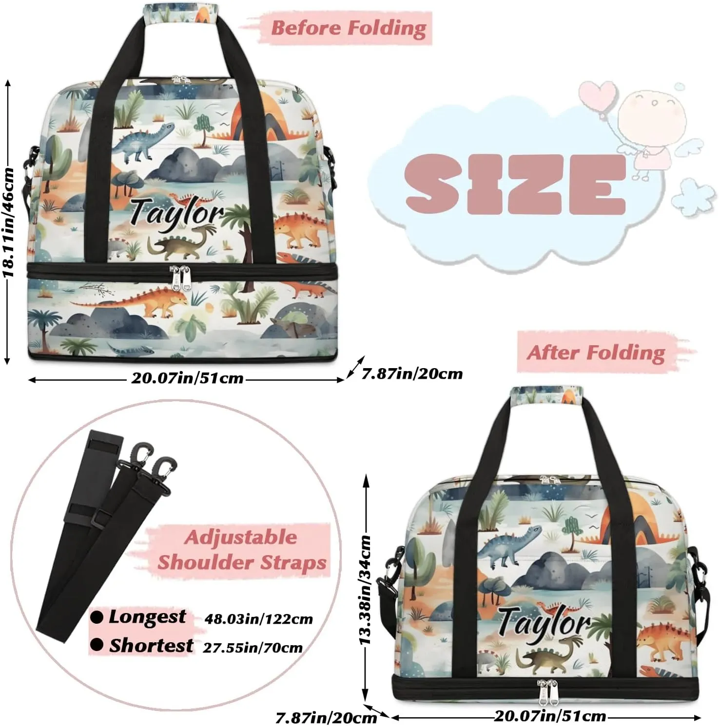 Customized Gym Bag for Women, Personalized Cute Travel Duffel Bag with Name, Dinosaur Weekender Overnight Bag with Shoes Compartment for Men Travel Yoga