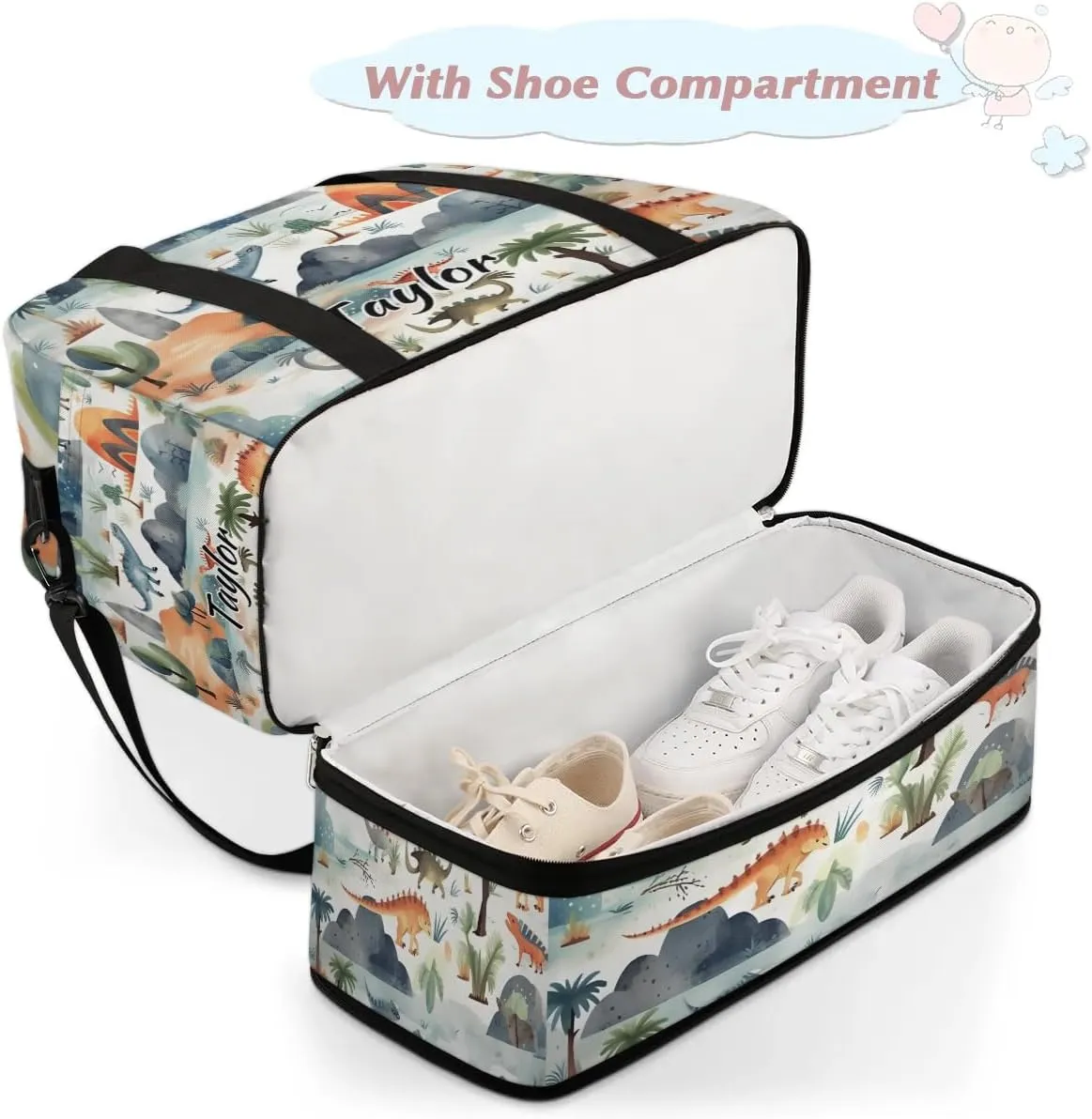 Customized Gym Bag for Women, Personalized Cute Travel Duffel Bag with Name, Dinosaur Weekender Overnight Bag with Shoes Compartment for Men Travel Yoga