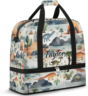Customized Gym Bag for Women, Personalized Cute Travel Duffel Bag with Name, Dinosaur Weekender Overnight Bag with Shoes Compartment for Men Travel Yoga