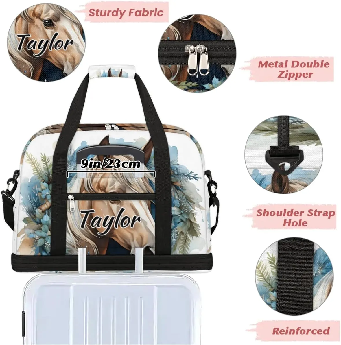 Customized Gym Bag for Women, Personalized Horse Travel Duffel Bag with Name, Horse Animal Weekender Overnight Bag with Shoes Compartment for Men Travel Yoga