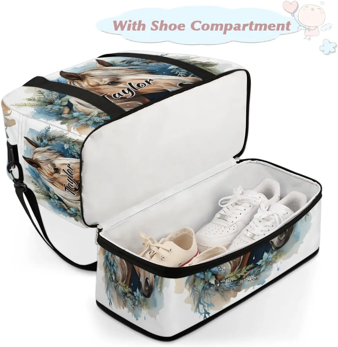 Customized Gym Bag for Women, Personalized Horse Travel Duffel Bag with Name, Horse Animal Weekender Overnight Bag with Shoes Compartment for Men Travel Yoga