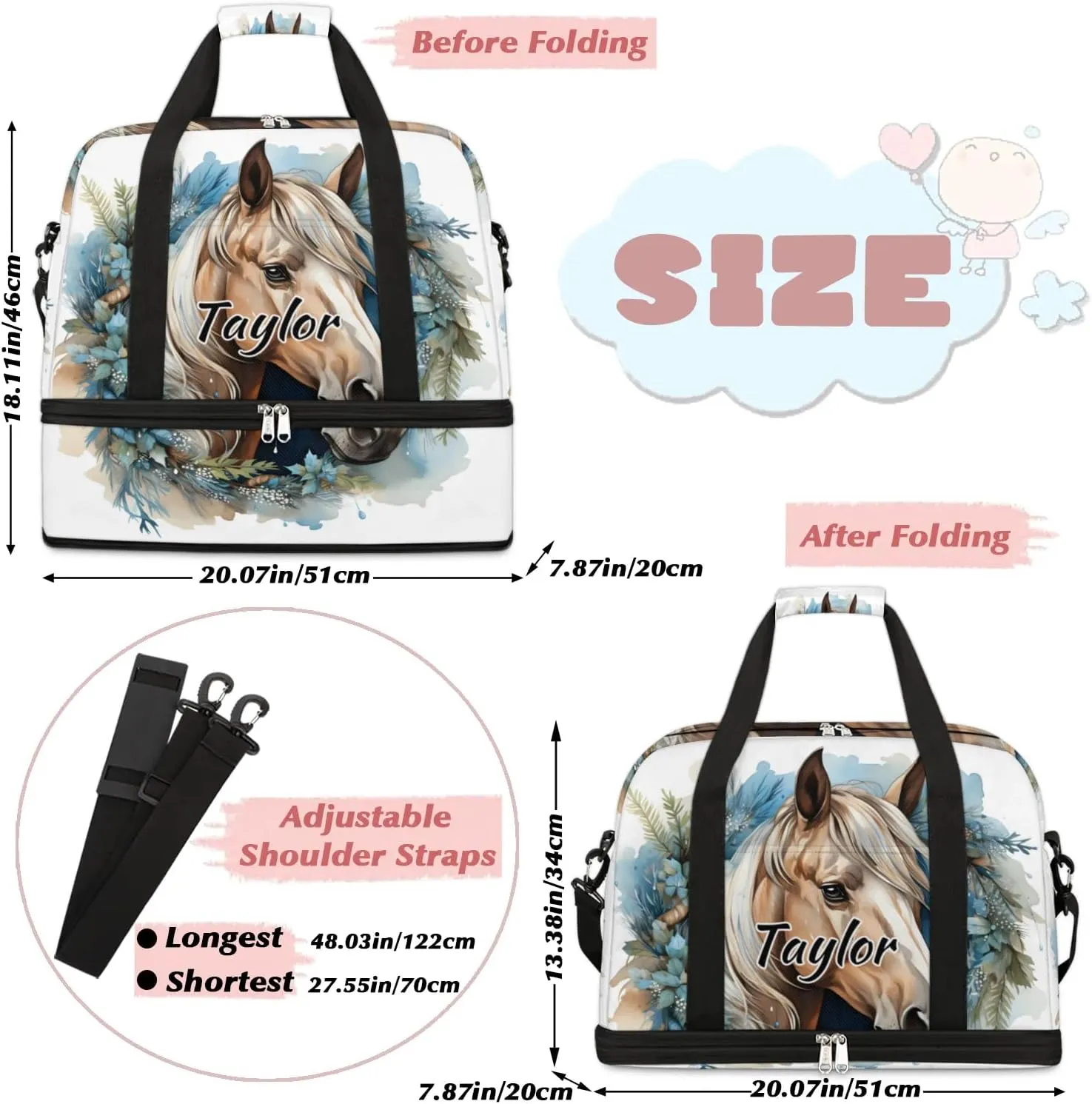 Customized Gym Bag for Women, Personalized Horse Travel Duffel Bag with Name, Horse Animal Weekender Overnight Bag with Shoes Compartment for Men Travel Yoga
