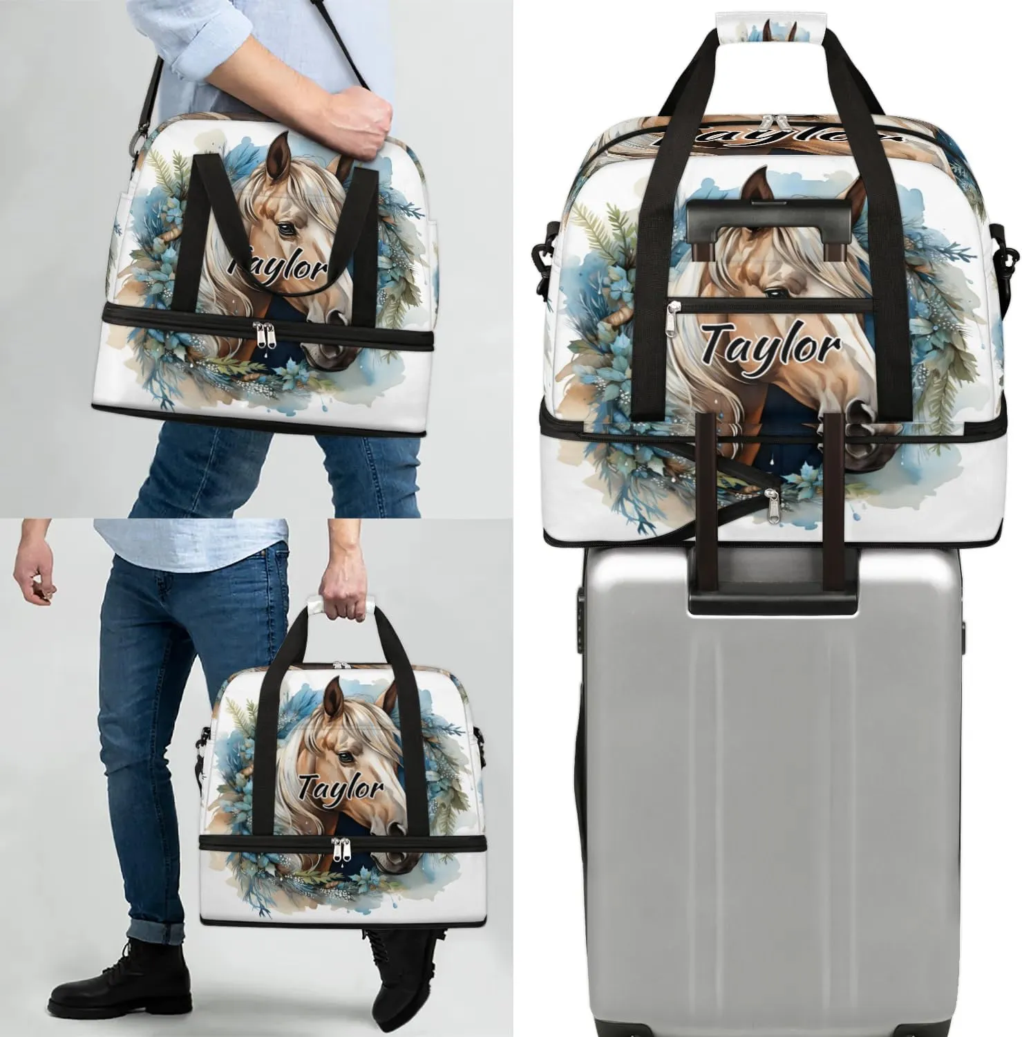 Customized Gym Bag for Women, Personalized Horse Travel Duffel Bag with Name, Horse Animal Weekender Overnight Bag with Shoes Compartment for Men Travel Yoga