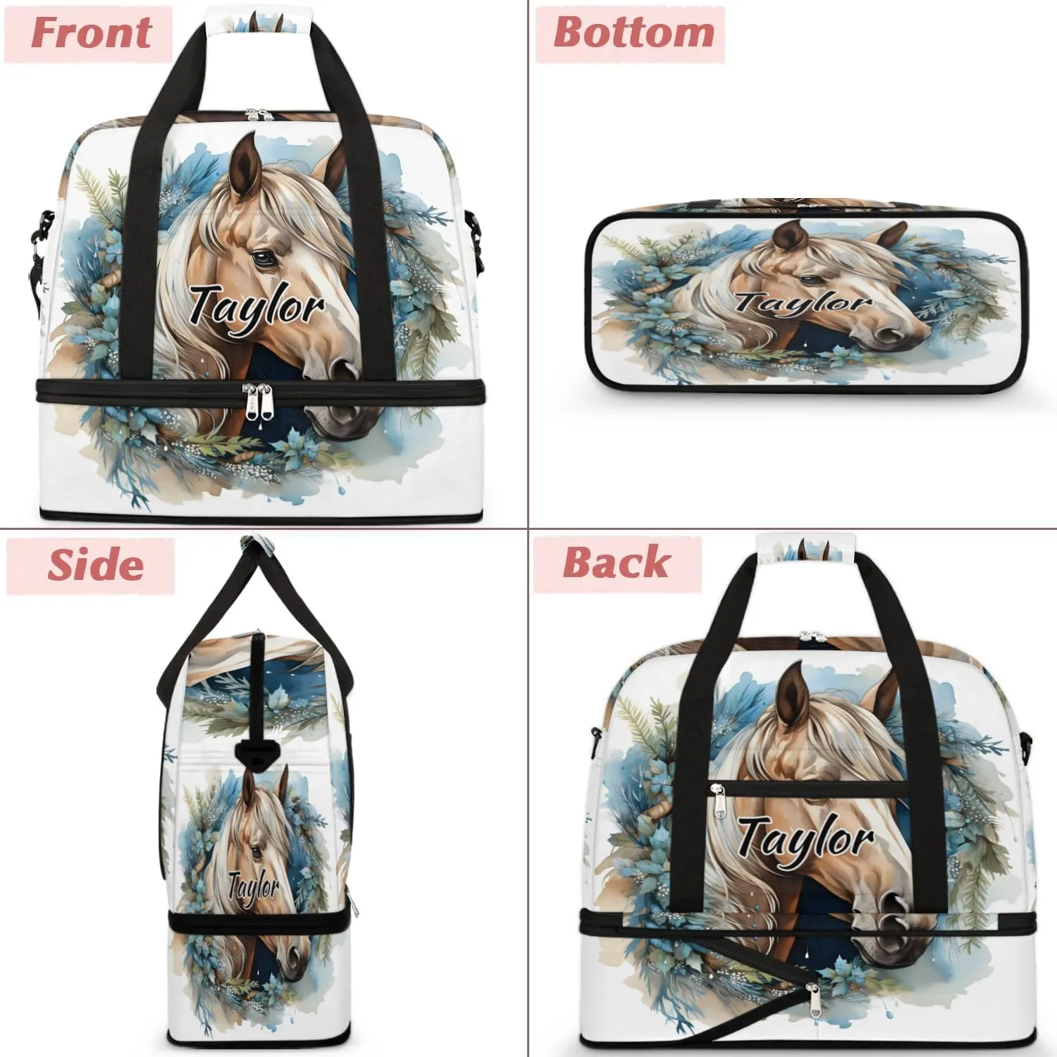 Customized Gym Bag for Women, Personalized Horse Travel Duffel Bag with Name, Horse Animal Weekender Overnight Bag with Shoes Compartment for Men Travel Yoga