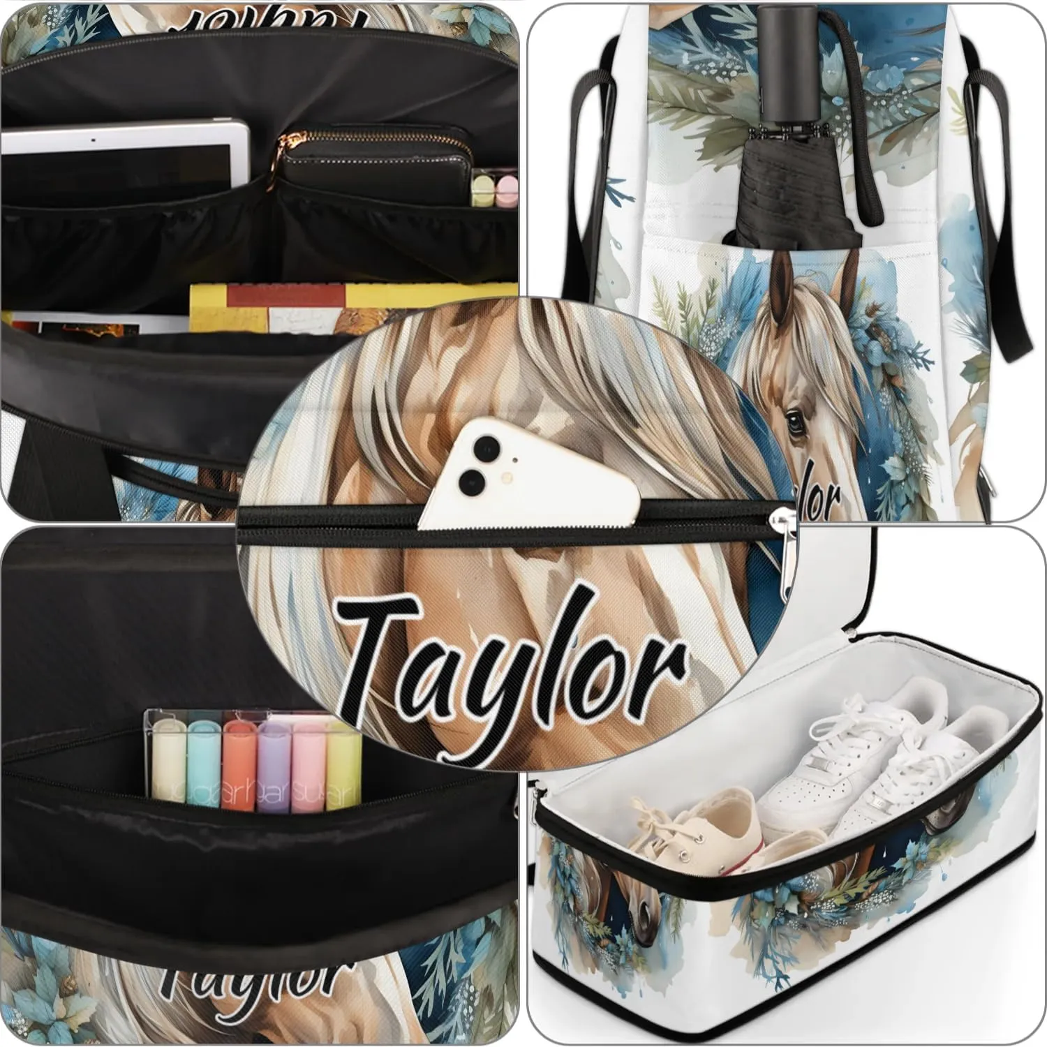 Customized Gym Bag for Women, Personalized Horse Travel Duffel Bag with Name, Horse Animal Weekender Overnight Bag with Shoes Compartment for Men Travel Yoga