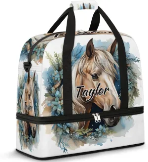 Customized Gym Bag for Women, Personalized Horse Travel Duffel Bag with Name, Horse Animal Weekender Overnight Bag with Shoes Compartment for Men Travel Yoga