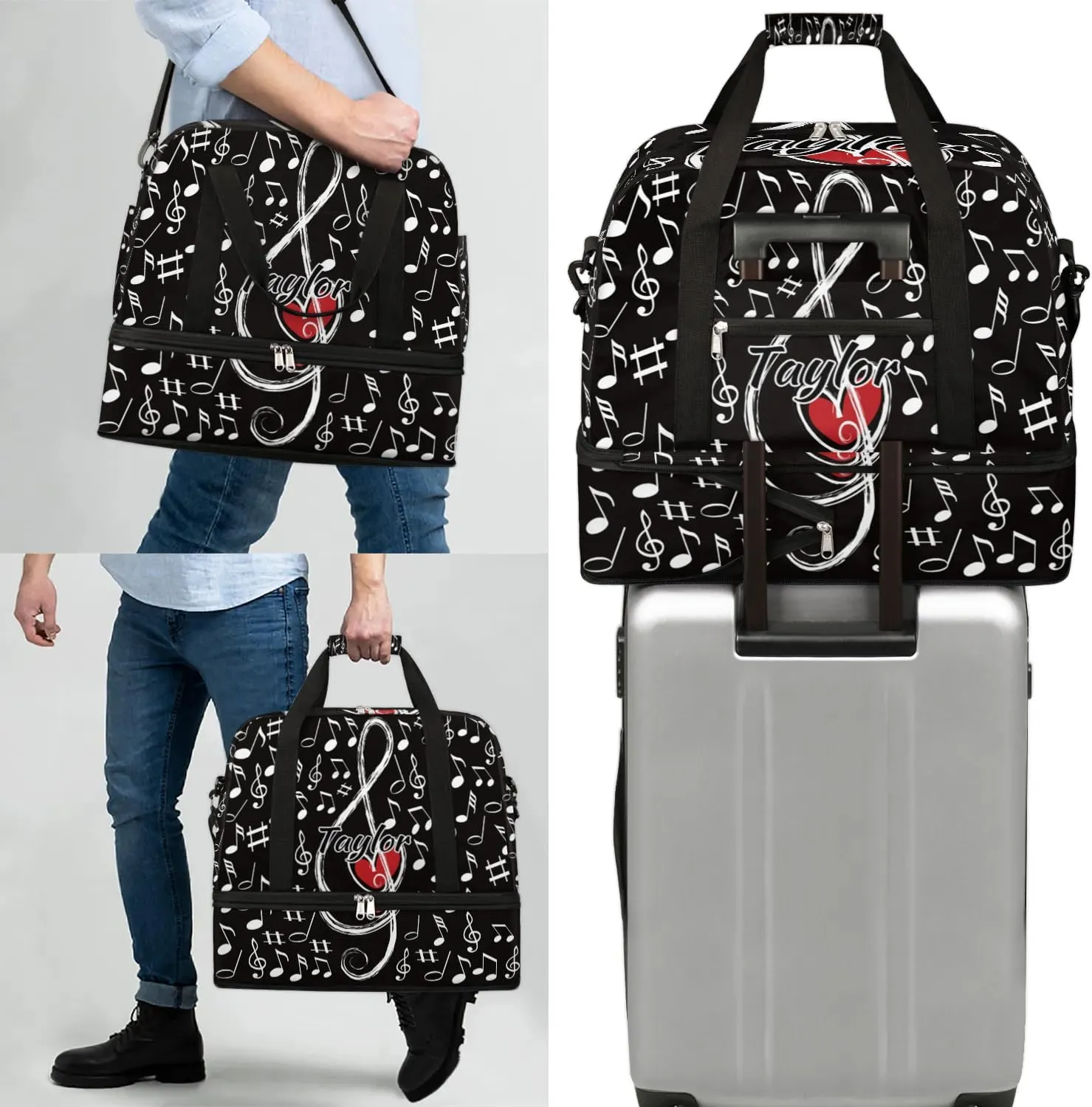 Customized Gym Bag for Women, Personalized Music Note Love Travel Duffel Bag with Name, Musical Theme Weekender Overnight Bag with Shoes Compartment for Men Travel Yoga
