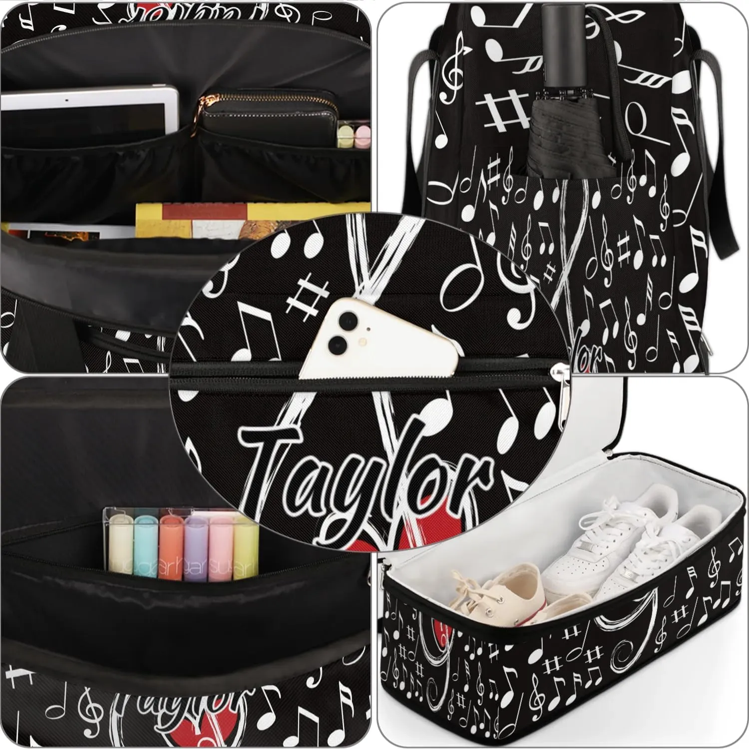 Customized Gym Bag for Women, Personalized Music Note Love Travel Duffel Bag with Name, Musical Theme Weekender Overnight Bag with Shoes Compartment for Men Travel Yoga