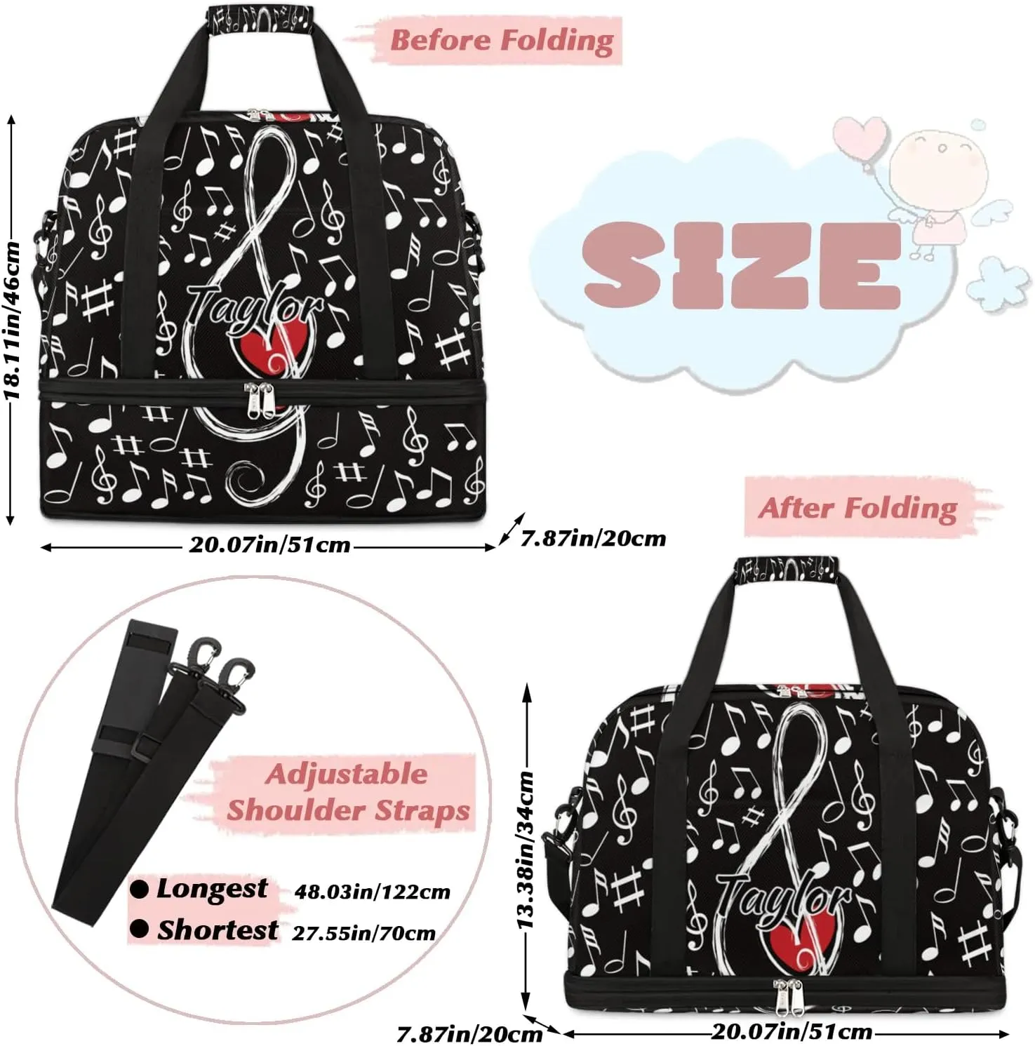 Customized Gym Bag for Women, Personalized Music Note Love Travel Duffel Bag with Name, Musical Theme Weekender Overnight Bag with Shoes Compartment for Men Travel Yoga