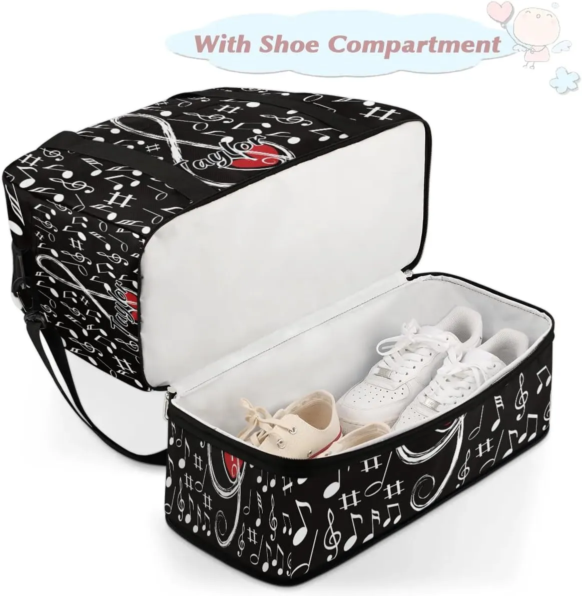 Customized Gym Bag for Women, Personalized Music Note Love Travel Duffel Bag with Name, Musical Theme Weekender Overnight Bag with Shoes Compartment for Men Travel Yoga
