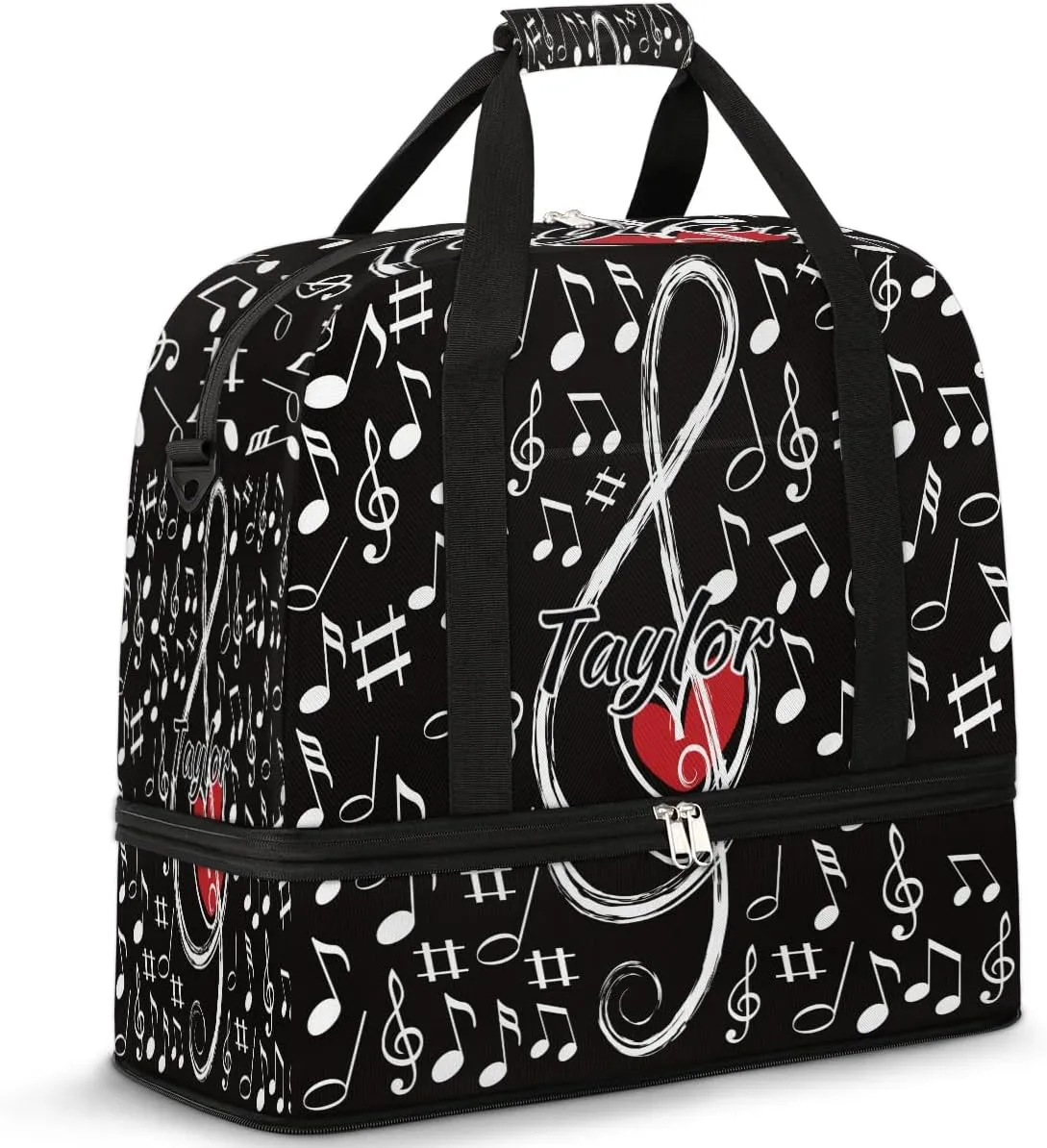 Customized Gym Bag for Women, Personalized Music Note Love Travel Duffel Bag with Name, Musical Theme Weekender Overnight Bag with Shoes Compartment for Men Travel Yoga
