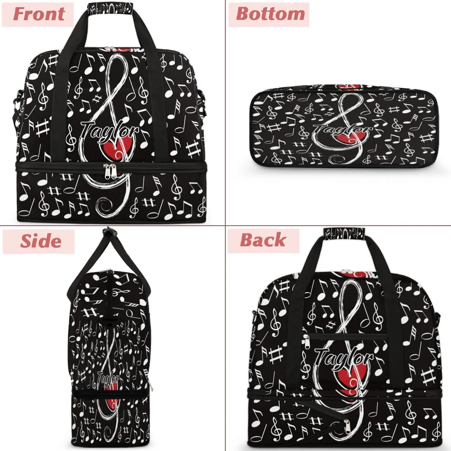 Customized Gym Bag for Women, Personalized Music Note Love Travel Duffel Bag with Name, Musical Theme Weekender Overnight Bag with Shoes Compartment for Men Travel Yoga