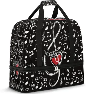 Customized Gym Bag for Women, Personalized Music Note Love Travel Duffel Bag with Name, Musical Theme Weekender Overnight Bag with Shoes Compartment for Men Travel Yoga