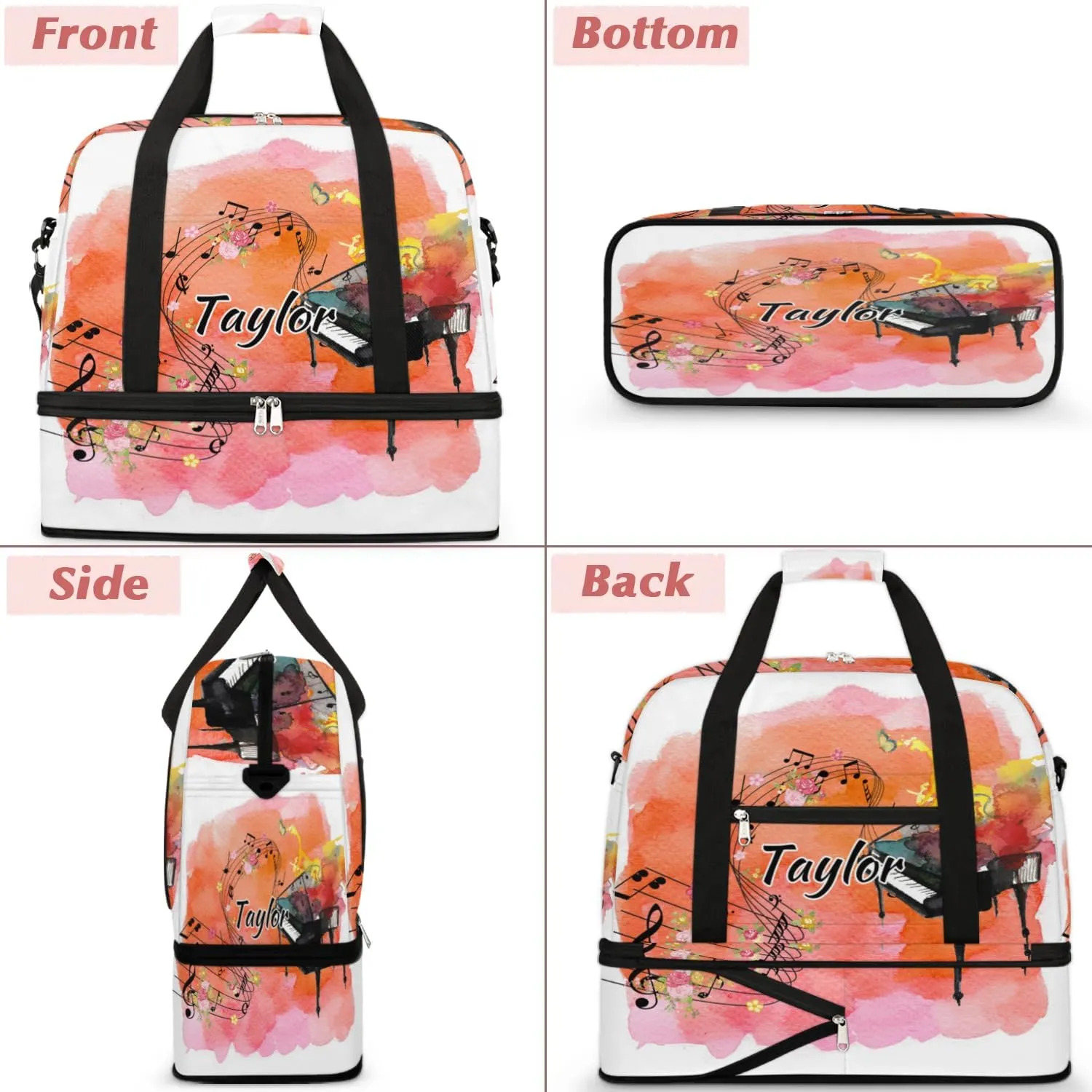 Customized Gym Bag for Women, Personalized Music Travel Duffel Bag with Name, Piano Weekender Overnight Bag with Shoes Compartment for Men Travel Yoga