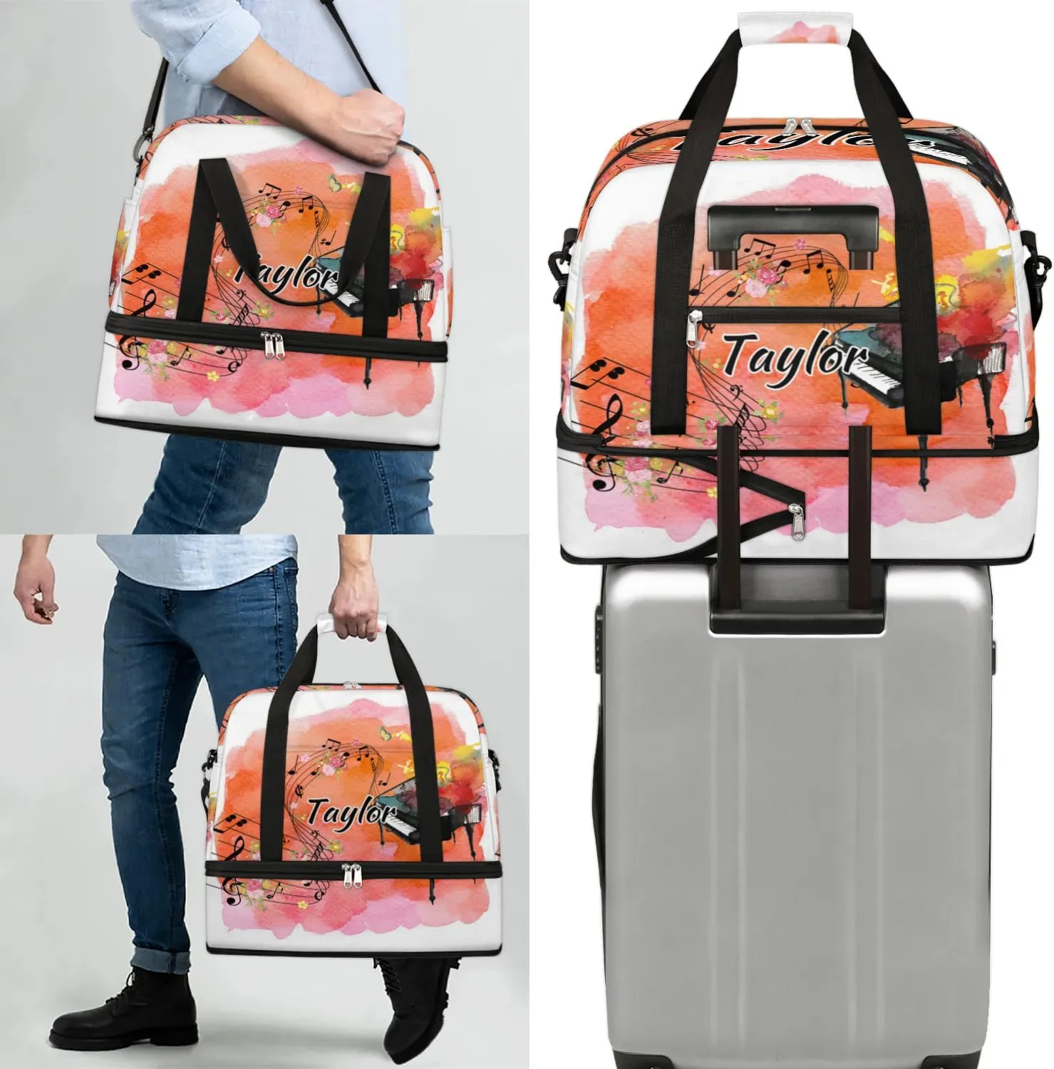 Customized Gym Bag for Women, Personalized Music Travel Duffel Bag with Name, Piano Weekender Overnight Bag with Shoes Compartment for Men Travel Yoga