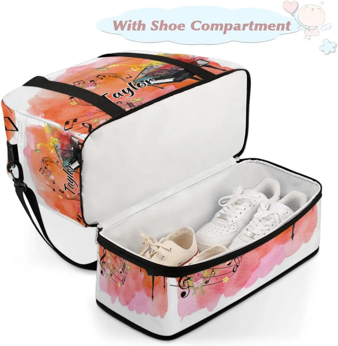 Customized Gym Bag for Women, Personalized Music Travel Duffel Bag with Name, Piano Weekender Overnight Bag with Shoes Compartment for Men Travel Yoga