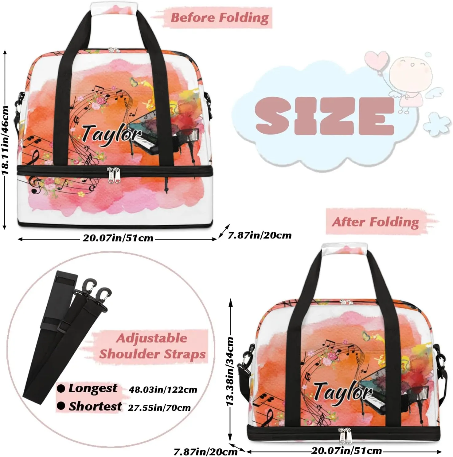 Customized Gym Bag for Women, Personalized Music Travel Duffel Bag with Name, Piano Weekender Overnight Bag with Shoes Compartment for Men Travel Yoga