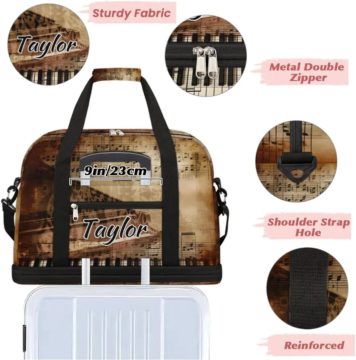 Customized Gym Bag for Women, Personalized Piano Keys Travel Duffel Bag with Name, Music Note Weekender Overnight Bag with Shoes Compartment for Men Travel Yoga