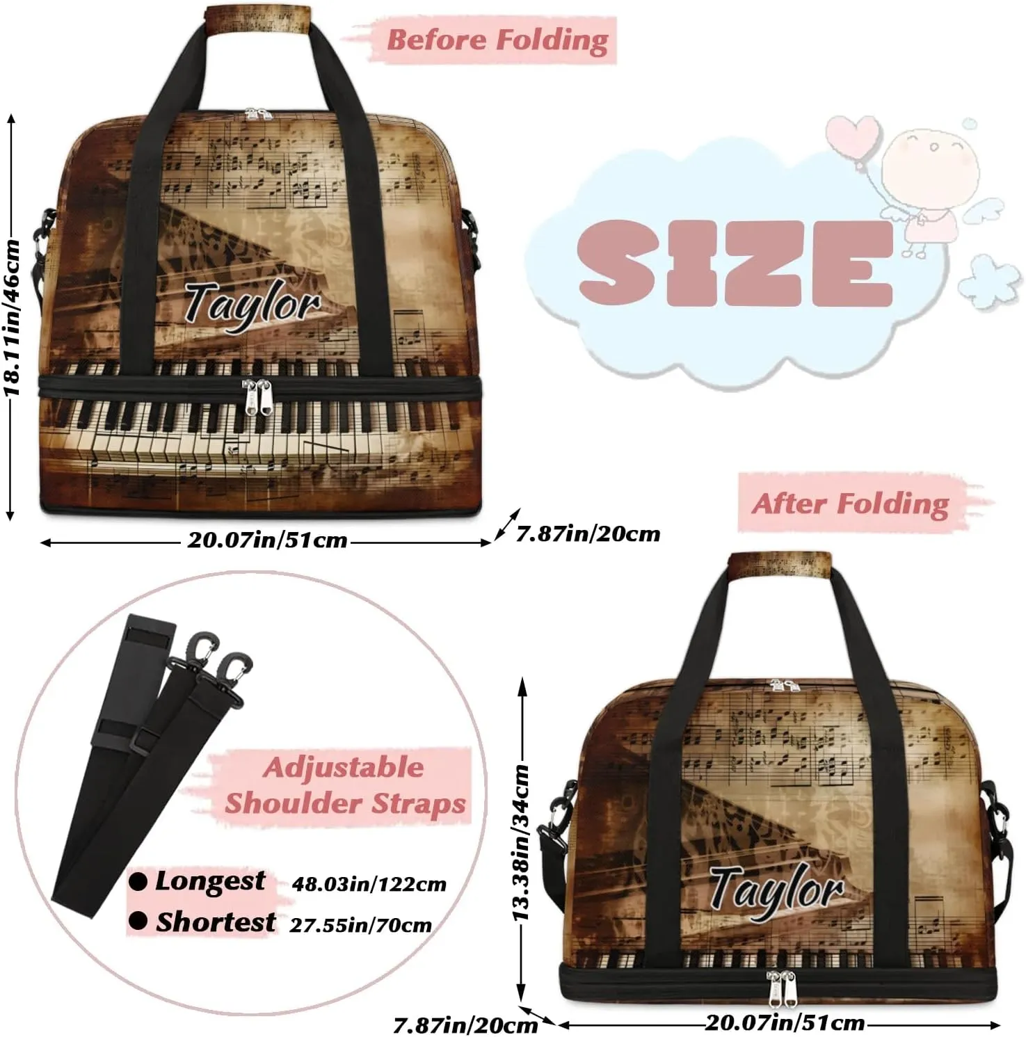 Customized Gym Bag for Women, Personalized Piano Keys Travel Duffel Bag with Name, Music Note Weekender Overnight Bag with Shoes Compartment for Men Travel Yoga