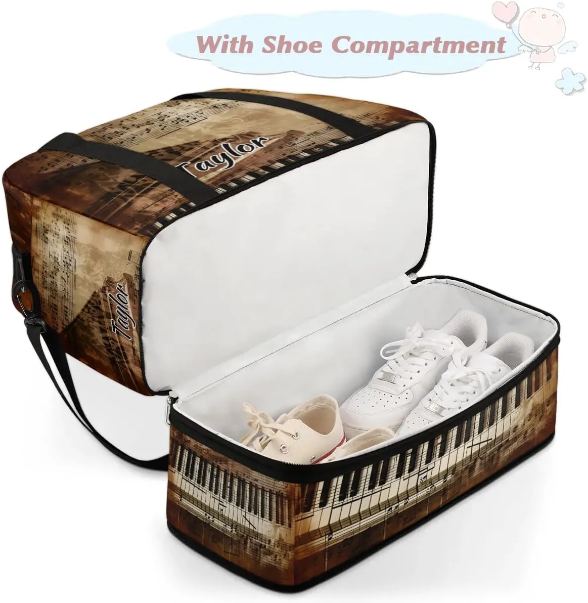 Customized Gym Bag for Women, Personalized Piano Keys Travel Duffel Bag with Name, Music Note Weekender Overnight Bag with Shoes Compartment for Men Travel Yoga