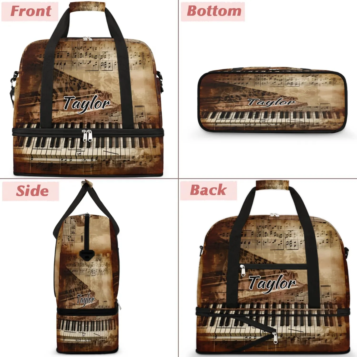 Customized Gym Bag for Women, Personalized Piano Keys Travel Duffel Bag with Name, Music Note Weekender Overnight Bag with Shoes Compartment for Men Travel Yoga